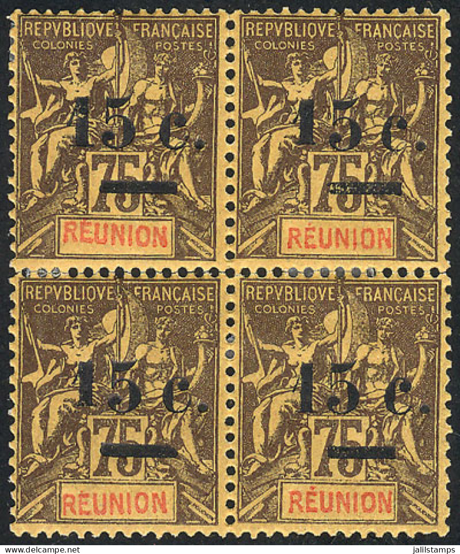 REUNION: Yvert 54, Mint Block Of 4 Of Very Fine Quality (one Perforation Separated And Reinforced With Small Hinge), Ver - Otros & Sin Clasificación