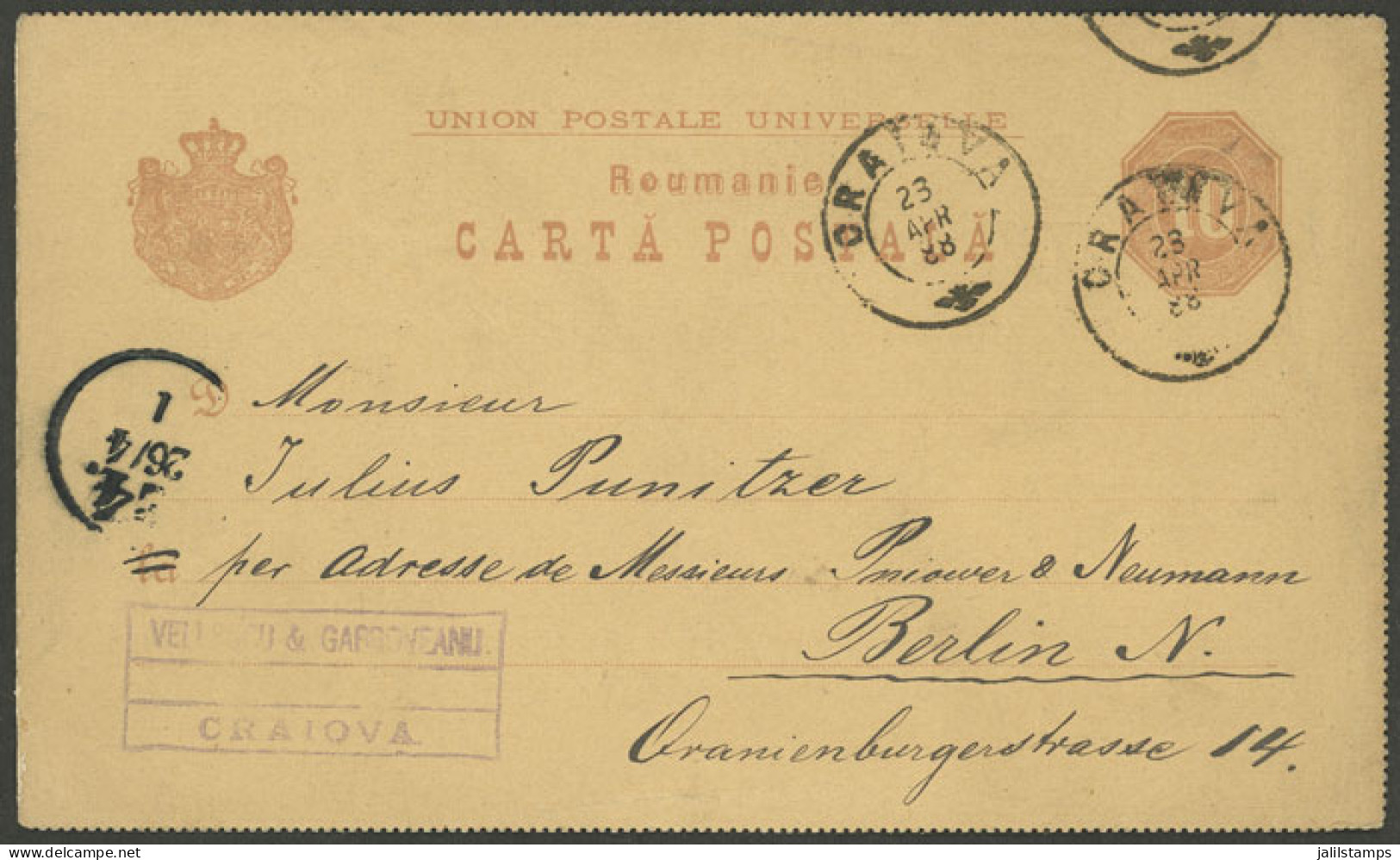 ROMANIA: 23/AP/1888 CRAJOVA - Berlin, 10b. Postal Card, Very Attractive! - Sonstige & Ohne Zuordnung