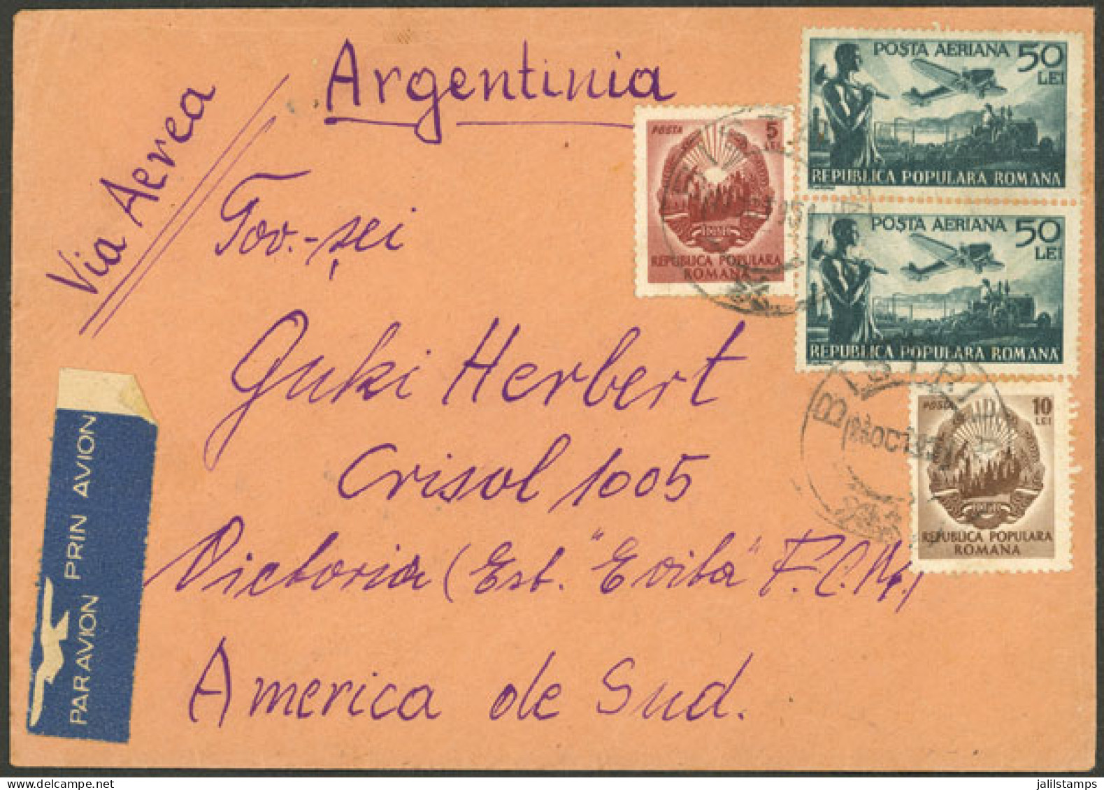 ROMANIA: Airmail Cover Sent From Bistrita To Argentina On 26/OC/1951 Franked With 115L., Arrival Backstamp, VF! - Otros & Sin Clasificación