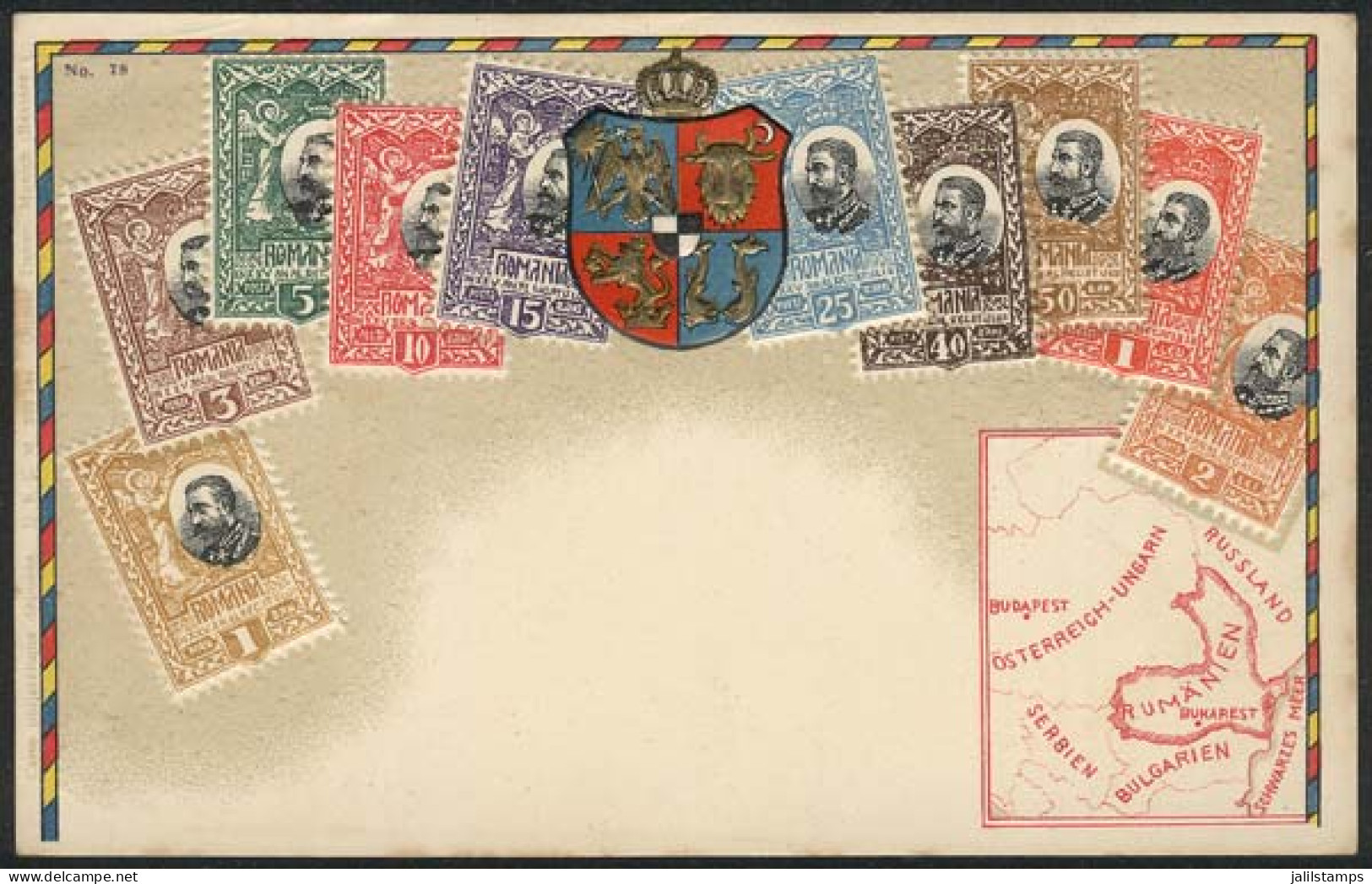 ROMANIA: Old PC Illustrated With View Of Postage Stamps And Coat Of Arms, VF Quality! - Roumanie