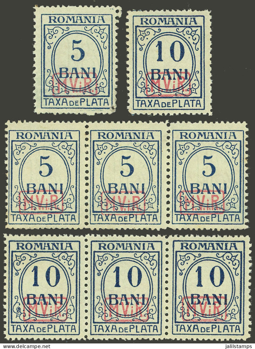ROMANIA - GERMAN OCCUPATION: Sc.3NJ1/3NJ2, 1918 5b And 10b WITH Watermark In Strips Of 3 + Set As Singles, MNH, Excellen - Autres & Non Classés