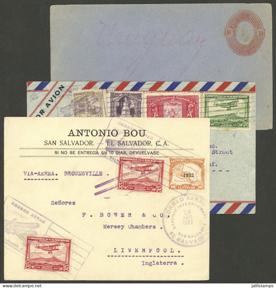 EL SALVADOR: 2 Airmail Covers Of 1932 And 1935 + 1 Old Postal Stationery Cover, Interestingt! IMPORTANT: Please View ALL - Salvador