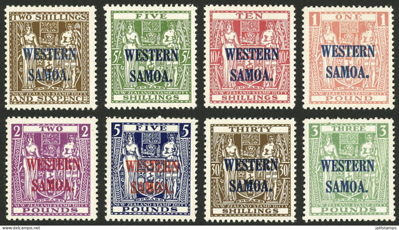 SAMOA: Sc.175/80 + 199 + 201, 1935 Complete Set Of 6 Overprinted Values  + 30s. Of 1948 And 3£ Of 1950, Mint With Tiny H - Samoa