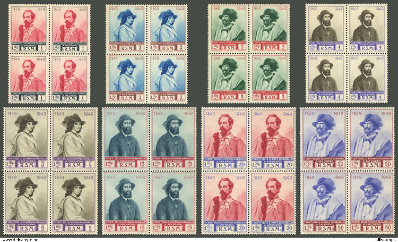 SAN MARINO: Yvert 334/341, 1949 Garibaldi, Complete Set Of 8 Values In Blocks Of 4, MNH (+100%), Very Fine Quality! - Autres & Non Classés