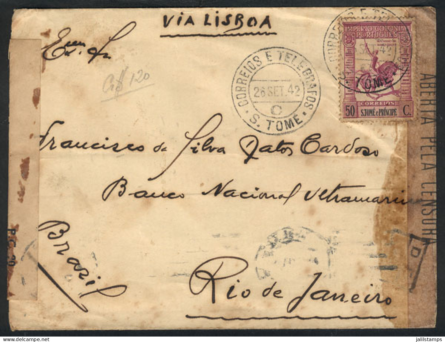 SAO TOMÉ AND PRÍNCIPE: Cover Sent From Sao Tome To Rio De Janeiro On 26/SE/1942 Franked With 50c., Double Censorship, Ve - St. Thomas & Prince