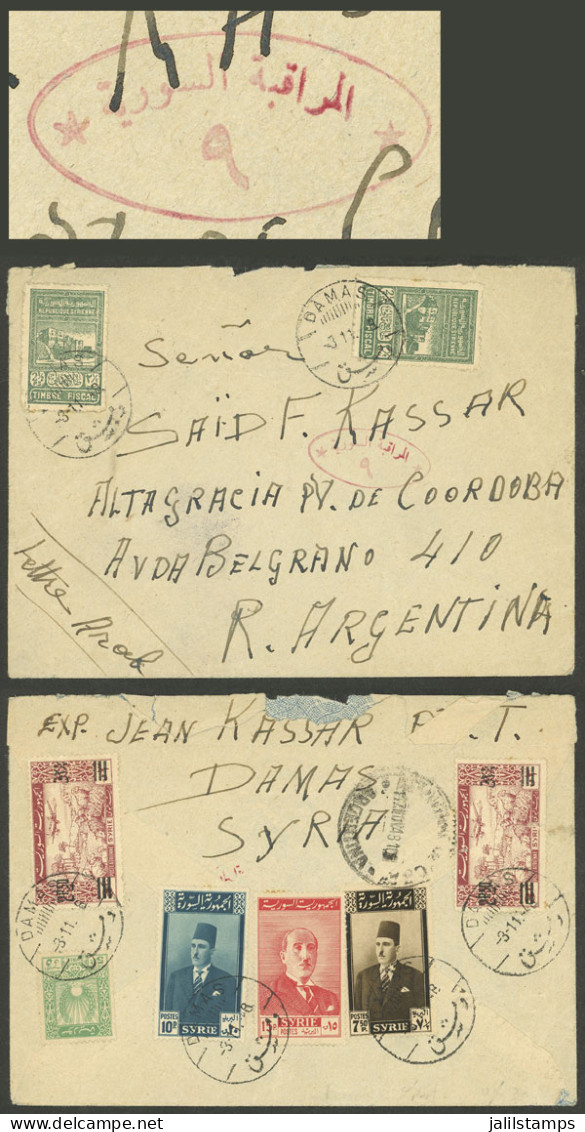 SYRIA: 3/NO/1948 Damas - Argentina, Cover With Spectacular Postage On Front And Back, Interesting Oval Censor Mark, Mino - Siria