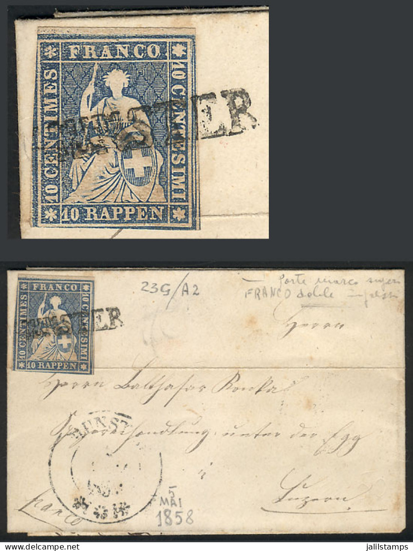 SWITZERLAND: Folded Cover Sent From MÜNSTER To Luzern On 5/MAY/1858, Franked With Helvetia 10r. Blue With Nice Straightl - Otros & Sin Clasificación