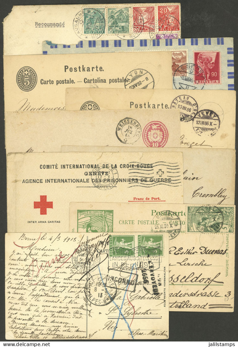 SWITZERLAND: 1868/1946: 9 Used Covers, Postal Stationeries, Cards Etc., Interesting Cancels, A Few With Minor Defects, M - Otros & Sin Clasificación