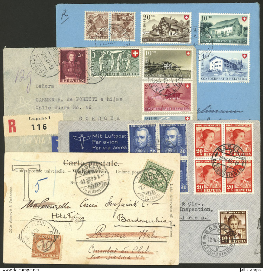 SWITZERLAND: Postcard Sent To Italy In 1903 With Postage Due + 3 Covers Sent To Argentina Between 1942 And 1949 With Att - Autres & Non Classés