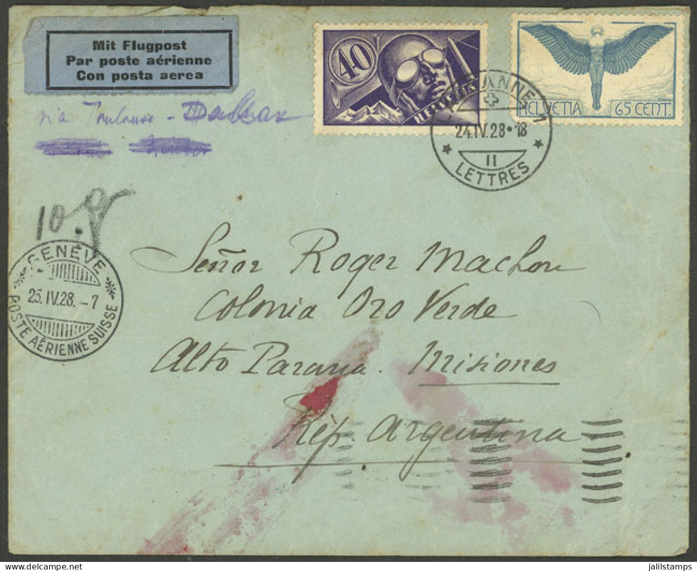 SWITZERLAND: 25/AP/1928 Lausanne - Argentina, Airmail Cover (by Aeropostale) Franked With 1.05Fr., On Back Tracking Mark - Sonstige & Ohne Zuordnung