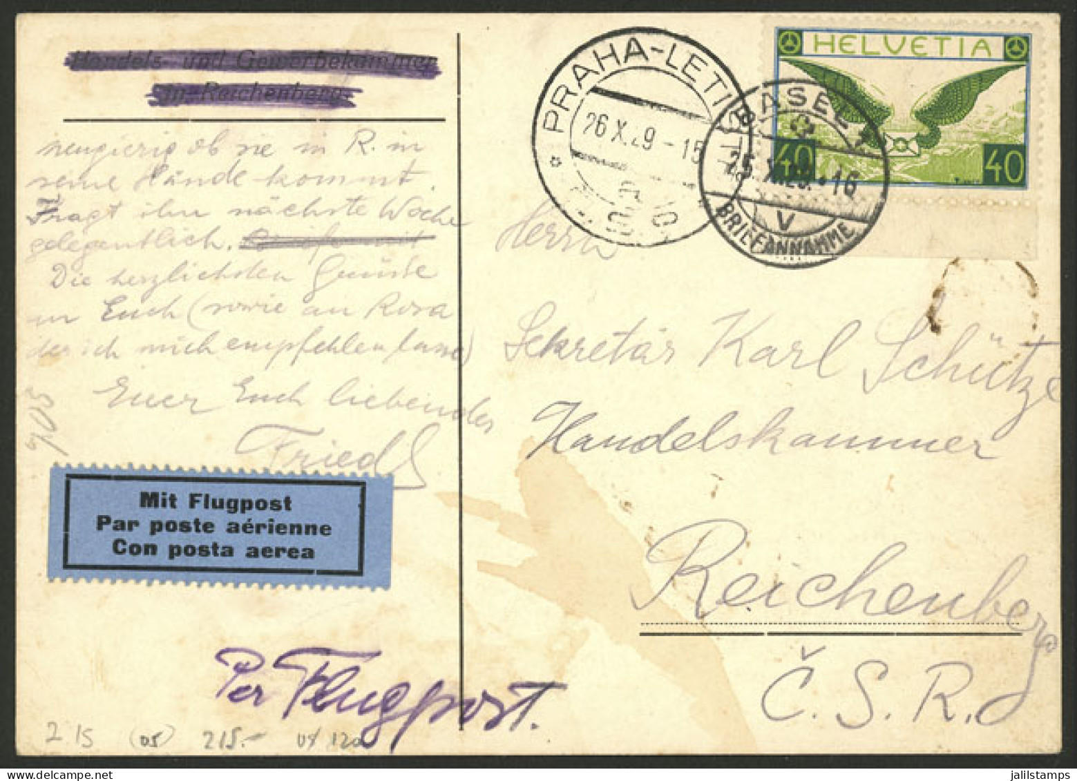 SWITZERLAND: Card Franked With 40c. (Sc.C14) Sent By Airmail From Basel To Praha On 25/OC/1929, Arrival Mark Of The Foll - Other & Unclassified