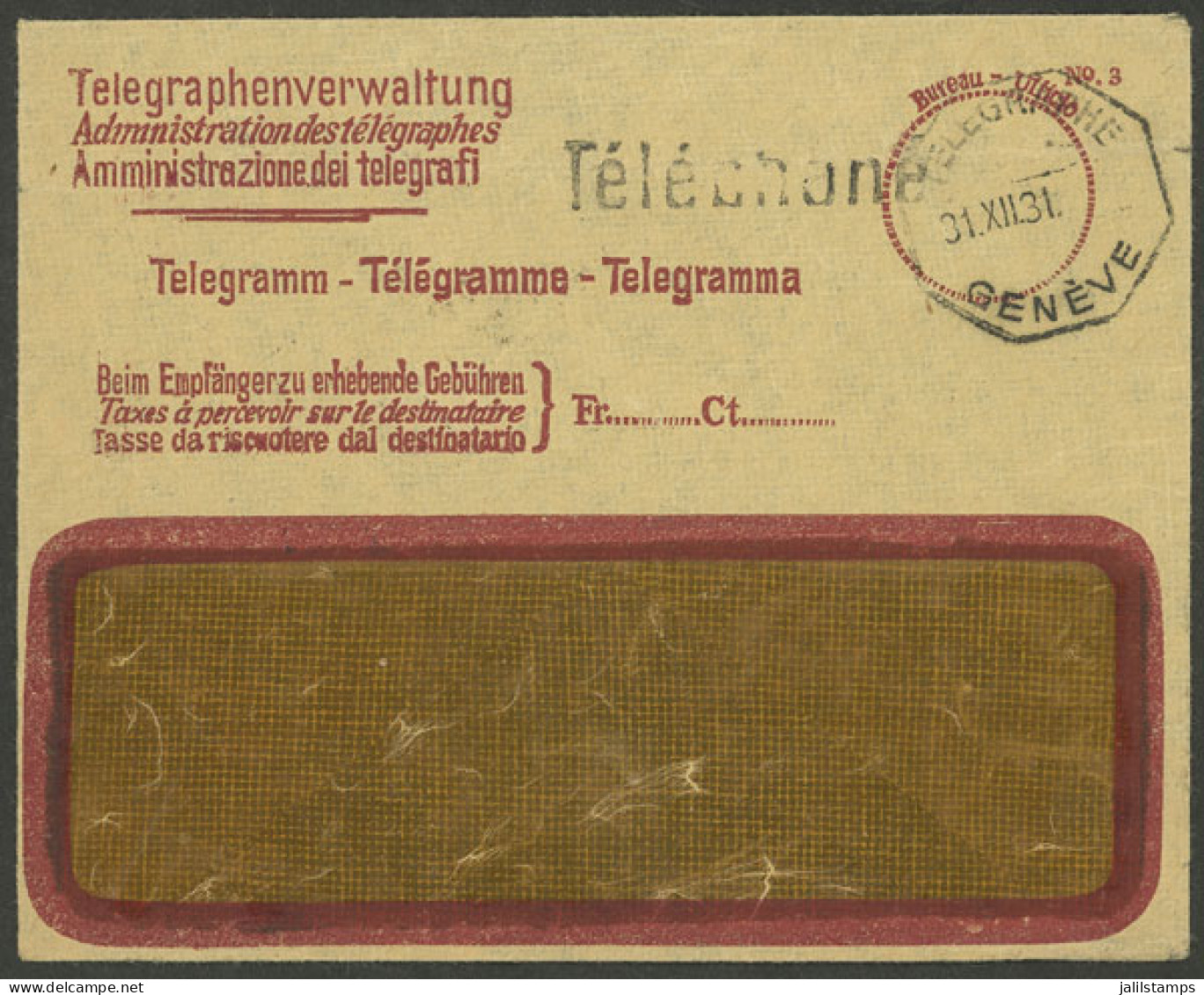 SWITZERLAND: Envelope To Deliver Telegram Used In Geneve On 31/DE/1931, VF! - Sonstige & Ohne Zuordnung