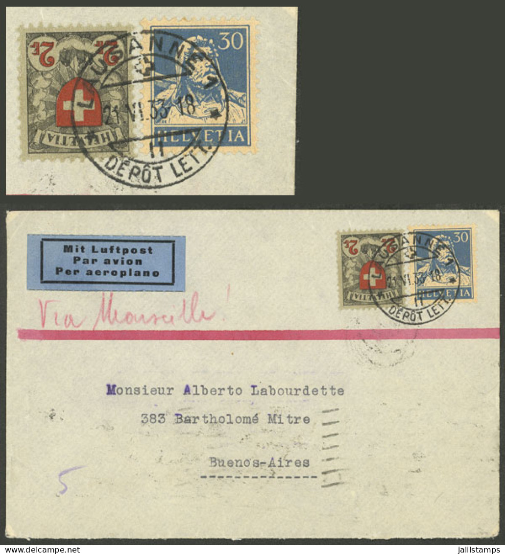 SWITZERLAND: 21/JUN/1933 Lausanne - Argentina, Airmail Cover Sent By Air France Franked With 2.30Fr., On Back Transit Ma - Otros & Sin Clasificación