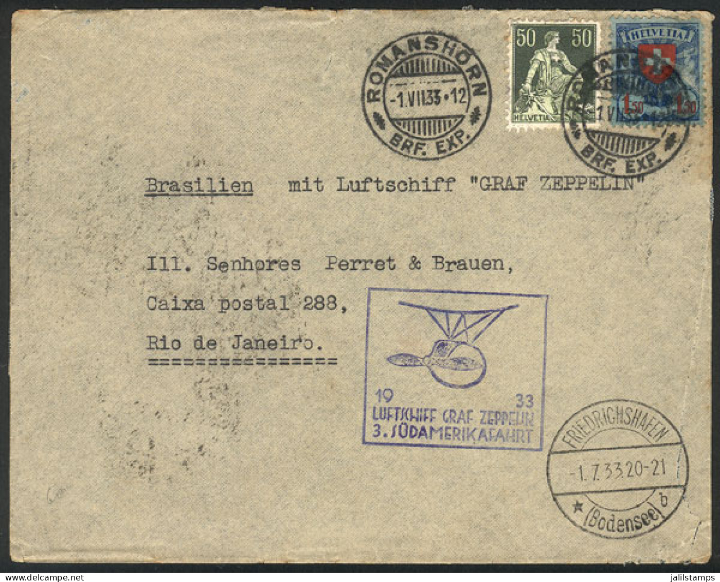 SWITZERLAND: Cover Flown By ZEPPELIN, Sent From Romanshorn To Rio De Janeiro On 1/JUL/1933, With Friedrichshafen Transit - Altri & Non Classificati