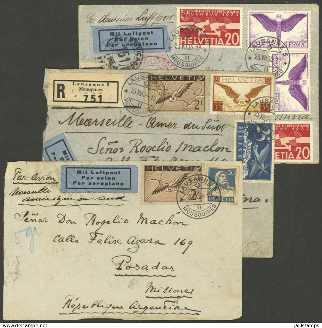 SWITZERLAND: 3 Airmail Covers (2 Registered) Sent In 1934 (2) And 1935 From Lausanne To Argentina With Nice Frankings, T - Other & Unclassified