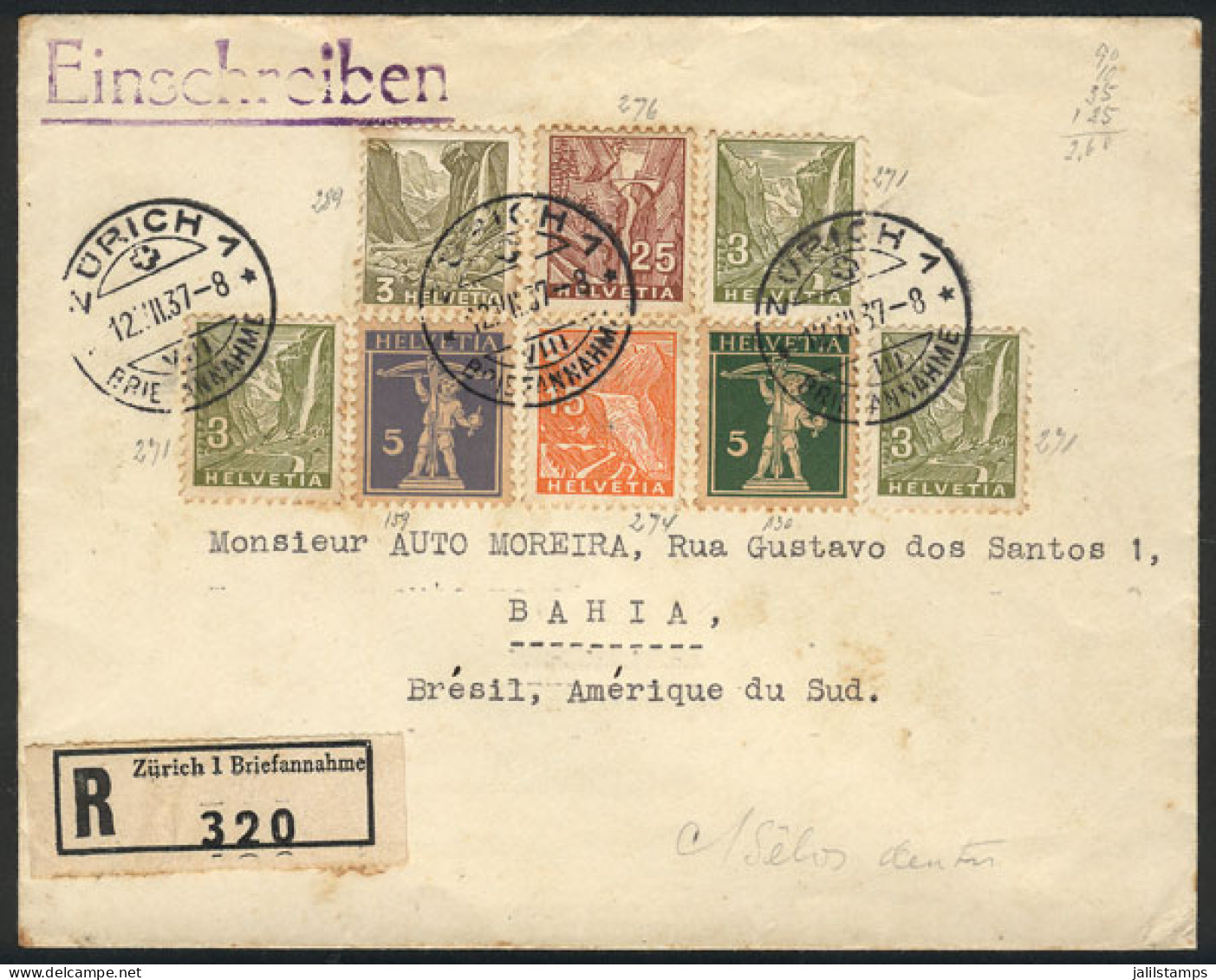 SWITZERLAND: Registered Cover Sent From Zürich To Brazil On 12/JUL/1937, Very Nice Postage! - Sonstige & Ohne Zuordnung