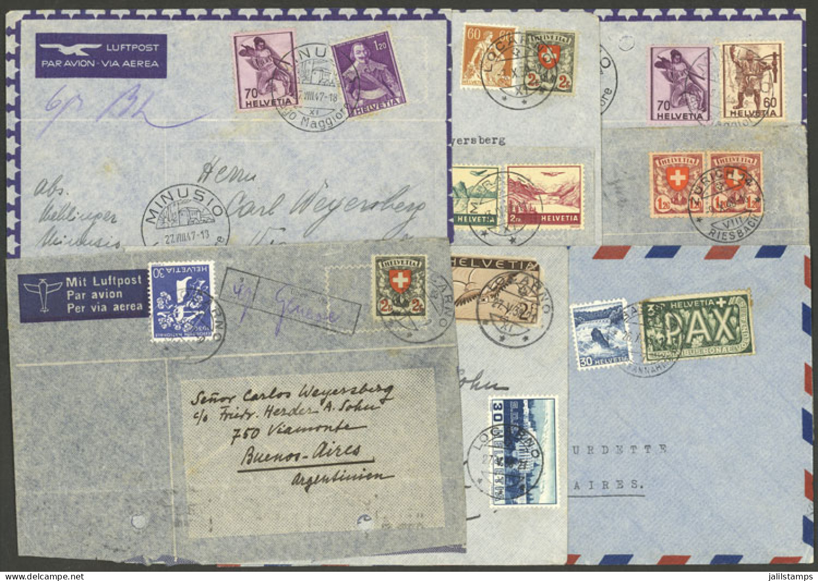 SWITZERLAND: 1938 To 1947: 8 Airmail Covers Sent To Argentina With Varied And Interesting Postages, ALL WITH DEFECTS: Pu - Autres & Non Classés