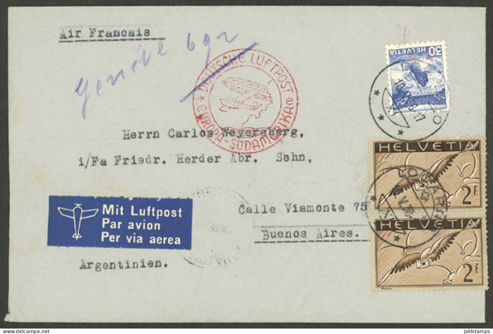 SWITZERLAND: Airmail Cover Sent From Locarno To Argentina On 10/MAY/1938 Franked With 4.30Fr., Despite The Indication "A - Sonstige & Ohne Zuordnung
