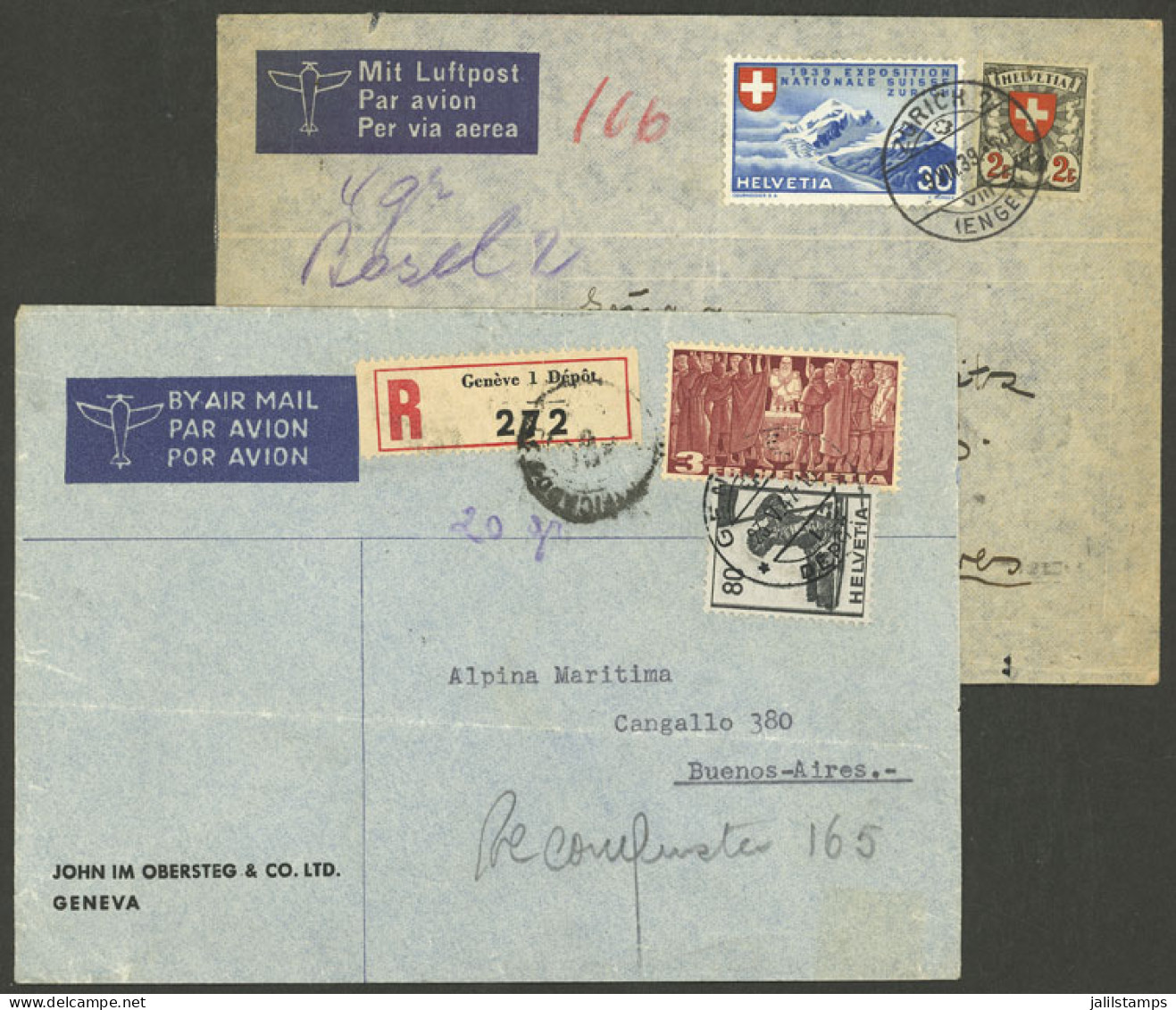 SWITZERLAND: 2 Airmail Covers Sent To Argentina In 1939 And 1947, Attractive Postages, Minor Defects Not Affecting The S - Other & Unclassified