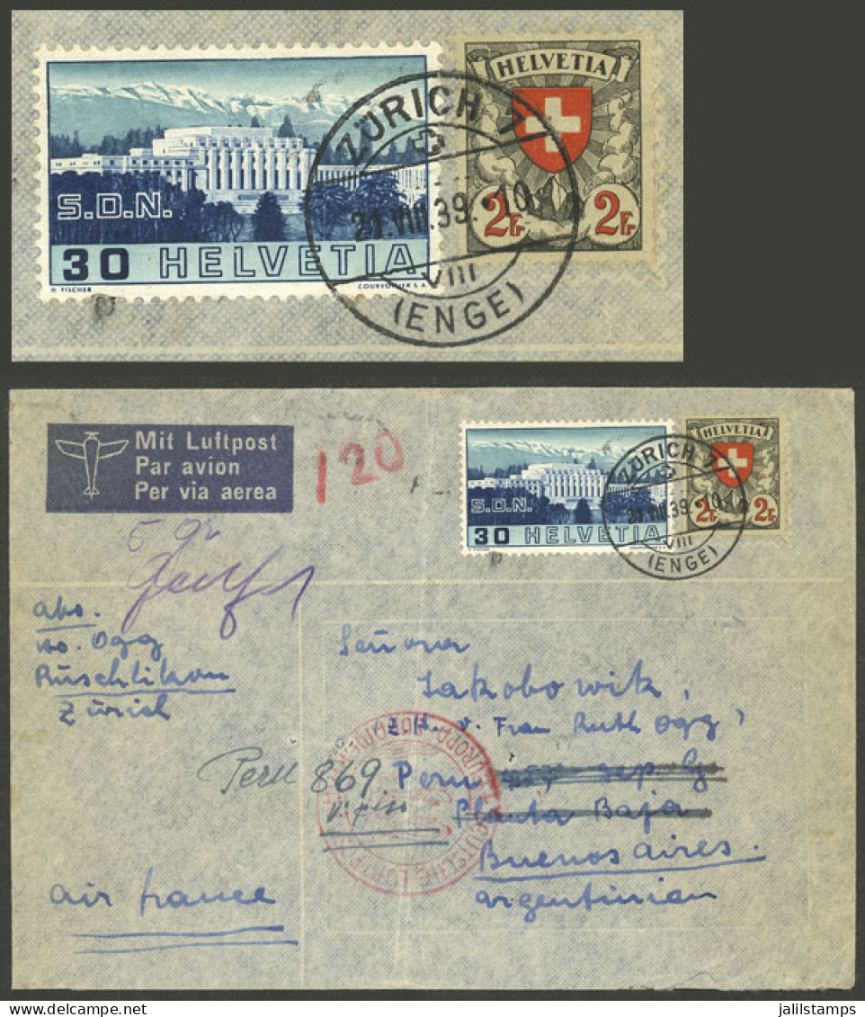 SWITZERLAND: 21/AU/1939 Zürich - Argentina, Airmail Cover Endorsed "via Air France" But Carried By Germany DLH, Franked  - Altri & Non Classificati