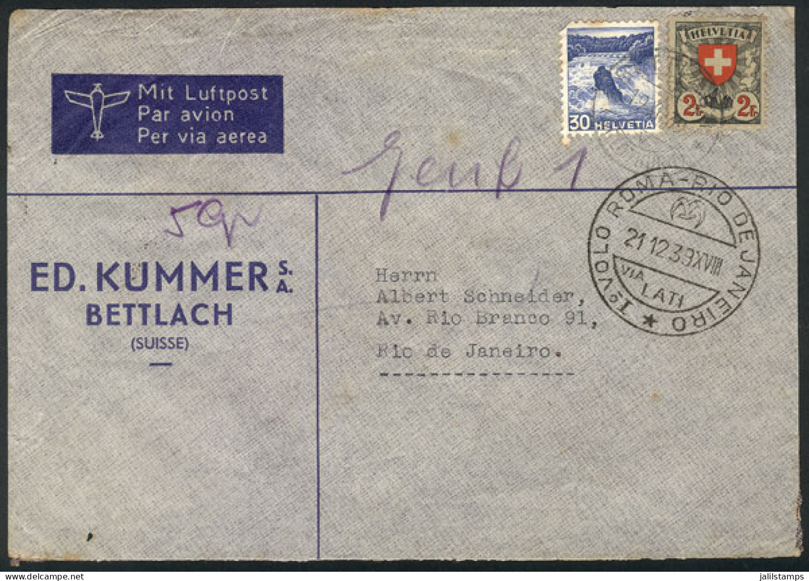 SWITZERLAND: Cover Carried On The First LATI FLIGHT ROMA - RIO DE JANEIRO, Dispatched In Bettlach On 19/DE/1939 Franked  - Other & Unclassified