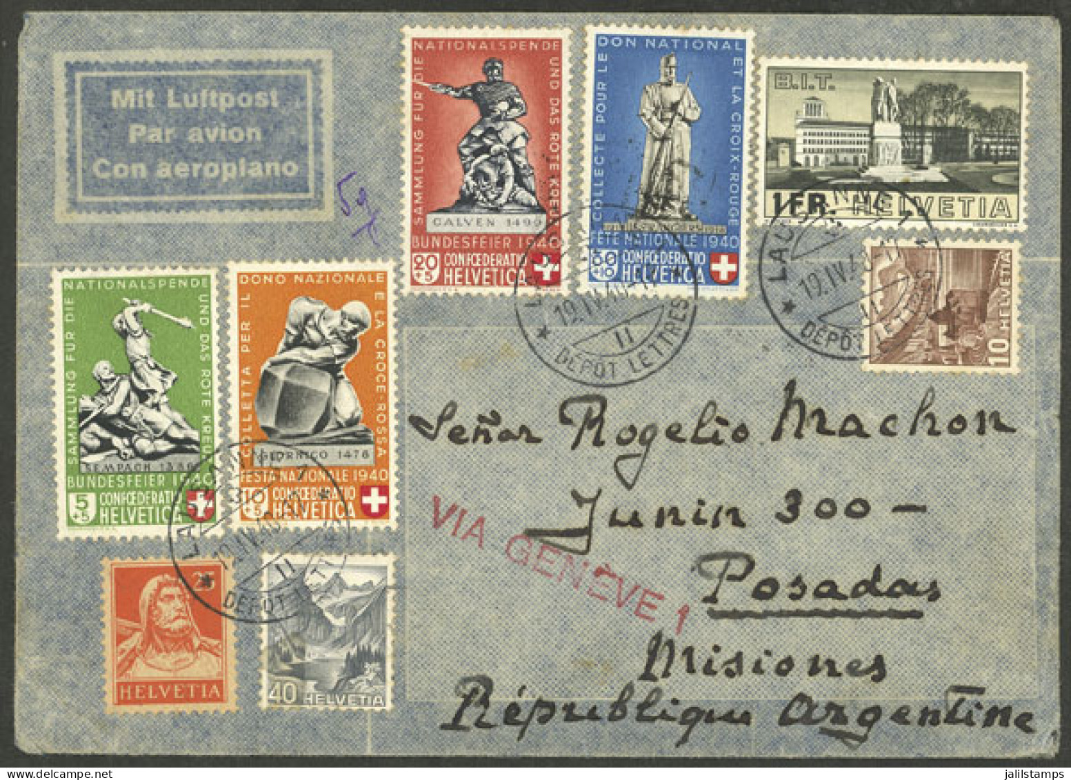 SWITZERLAND: Airmail Cover Sent From Lausanne To Argentina On 19/AP/1940 With Very Nice Franking, VF Quality! - Other & Unclassified