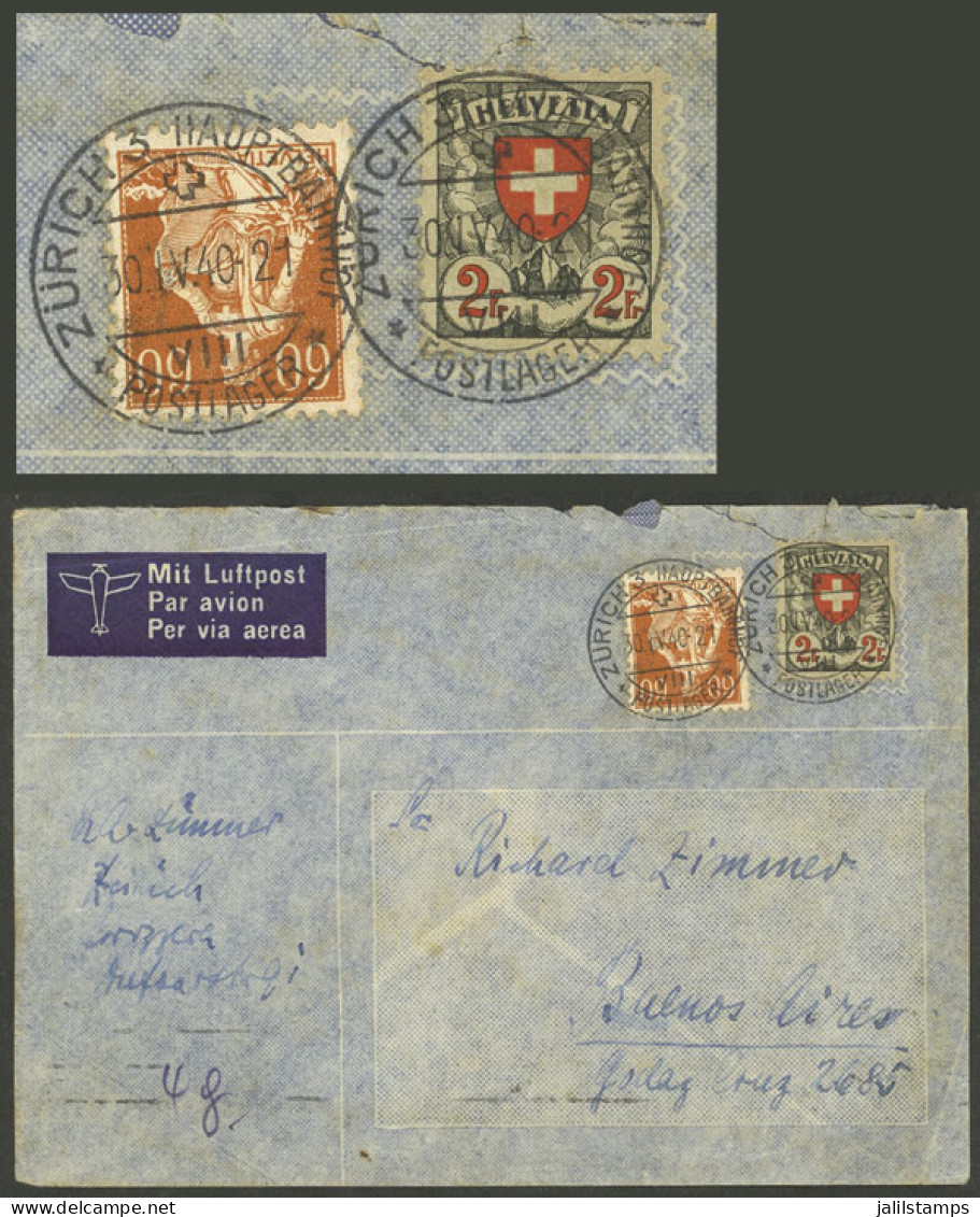 SWITZERLAND: 30/AP/1940 Zürich - Argentina, Airmail Cover Franked With 2.60 Fr. Including Sc.203a (1933 2Fr. Shield, Gri - Otros & Sin Clasificación