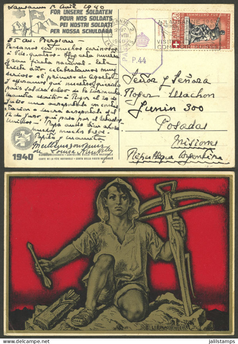 SWITZERLAND: Charity Postcard "For Our Soldiers" Sent From Lausanne To Argentina On 2/AU/1940, With Blue Censor Mark On  - Sonstige & Ohne Zuordnung