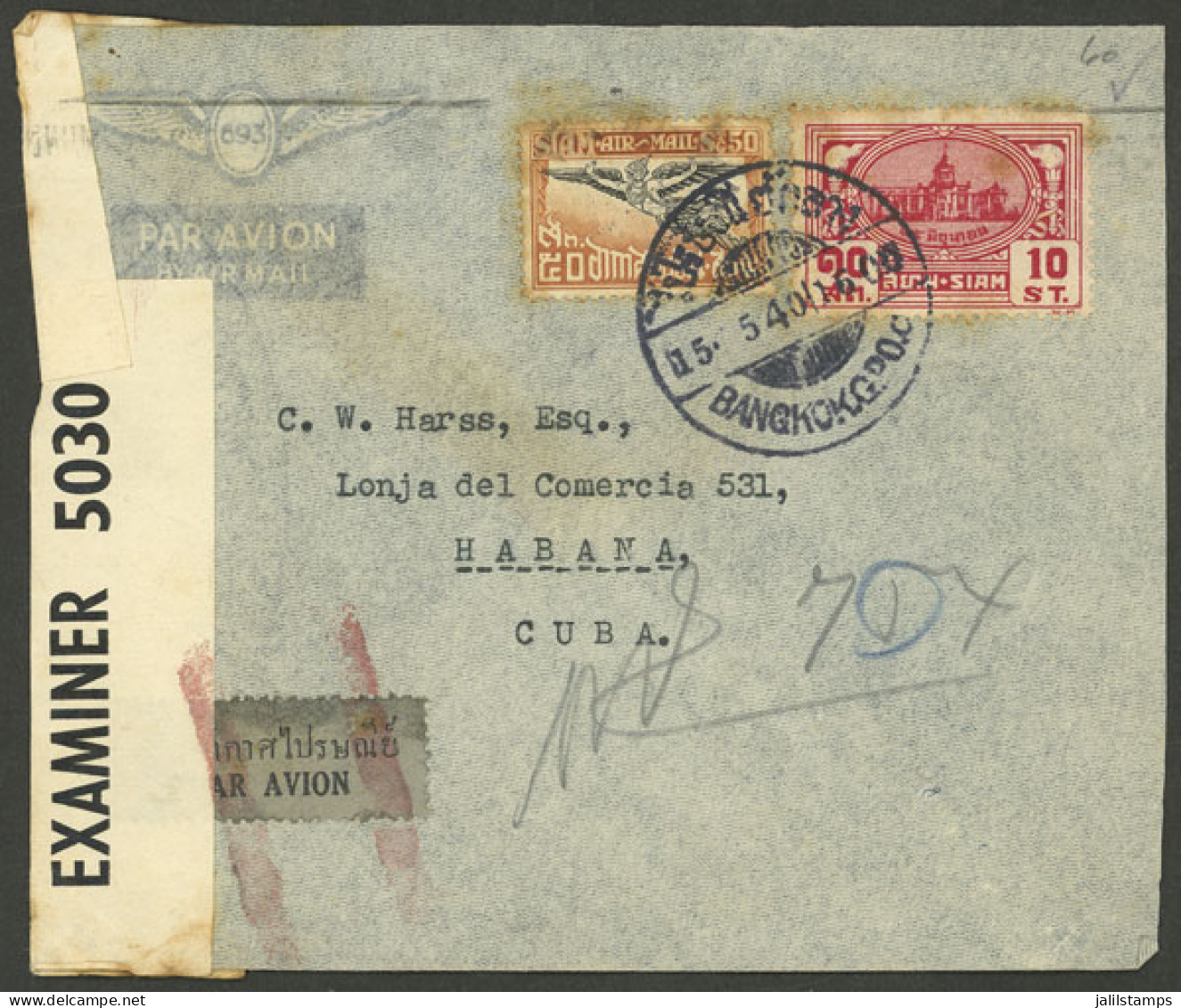 THAILAND: UNUSUAL DESTINATION: 15/MAY/1940 Bangkok - Cuba, Airmail Cover With British Censor Label And Habana Arrival Ba - Tailandia