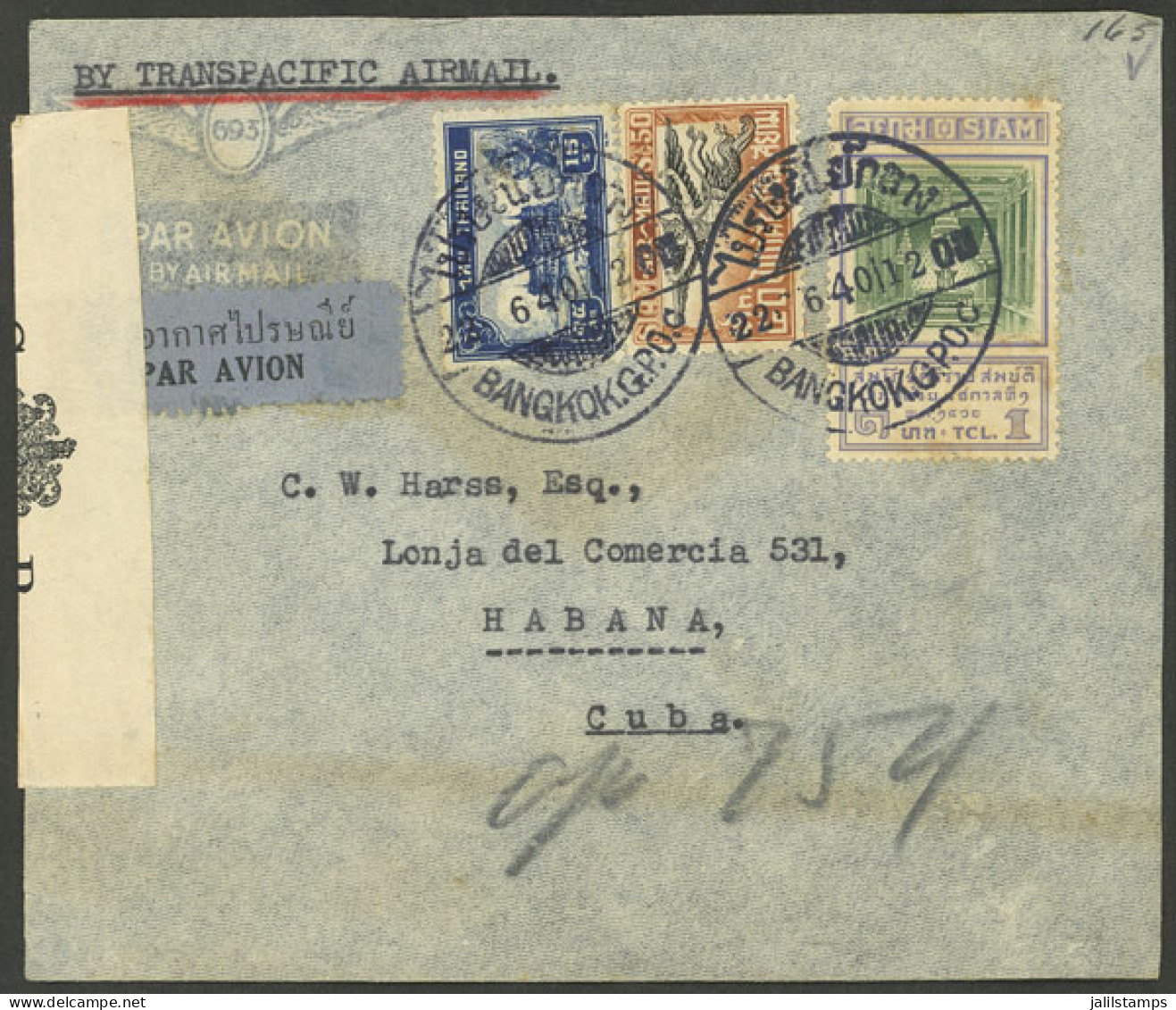 THAILAND: UNUSUAL DESTINATION: 22/JUN/1940 Bangkok - Cuba, Airmail Cover Sent By Transpacific, With Hong Kong Censor Lab - Thailand