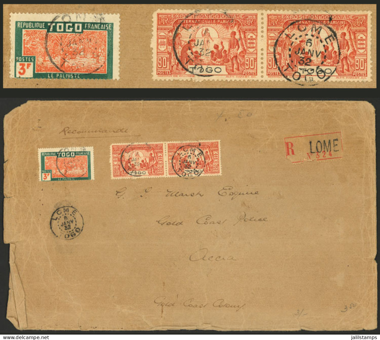 TOGO: Registered Cover Sent From Lomé To Accra (Gold Coast) On 6/JA/1932 Franked With 4.80Fr., The Borders With Minor Fa - Sonstige & Ohne Zuordnung