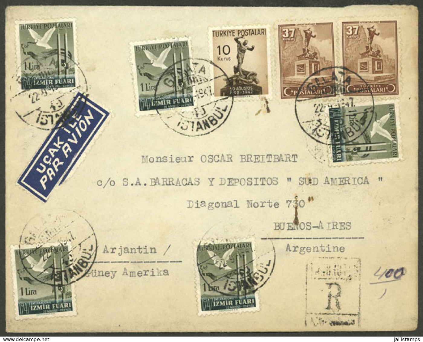 TURKEY: 22/SE/1947 Istambul - Argentina, Registered Airmail Cover With Very Attractive Postage, And Transit Backstamp Of - Otros & Sin Clasificación