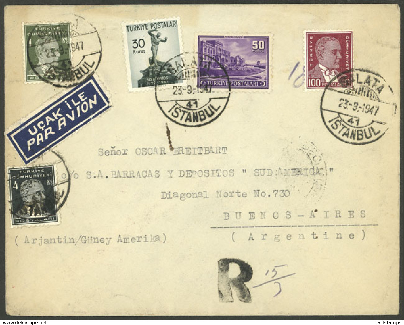 TURKEY: 23/SE/1947 Istambul - Argentina, Registered Airmail Cover With Very Attractive Postage, And Transit Backstamp Of - Altri & Non Classificati