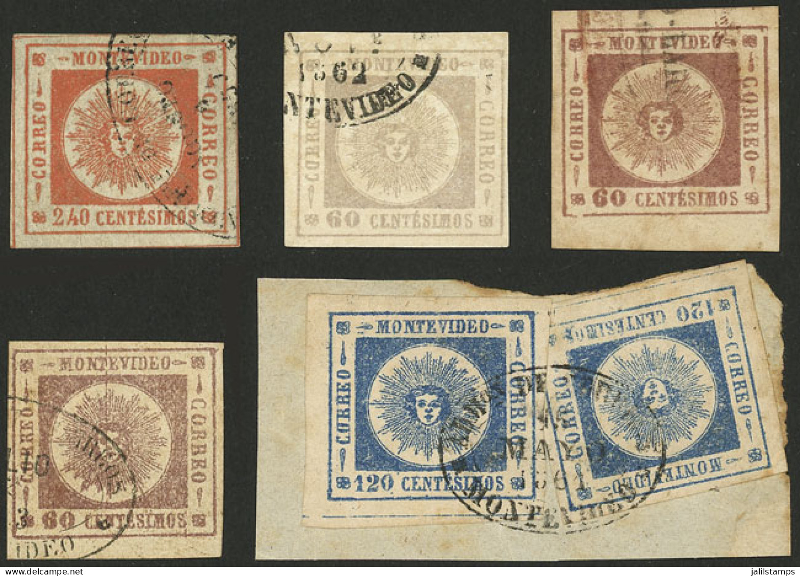 URUGUAY: Sc.12 + Other Values, Small Lot Of 6 Used Classic Stamps, 2 On Fragment, Very Fine General Quality! - Uruguay