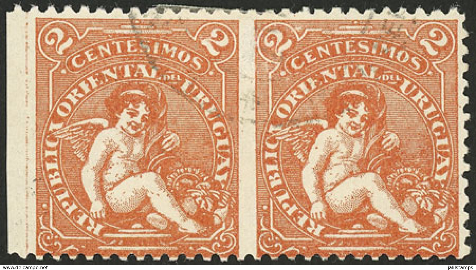 URUGUAY: Sc.162, 1904 Eros 2c. Orange, Pair IMPERFORATE VERTICALLY, Used, Excellent! - Uruguay