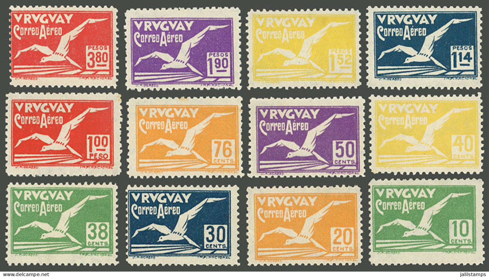 URUGUAY: Sc.C14/C25, 1928 Albatross, Complete Set Of 12 Values, Mint Lightly Hinged, Very Fresh, VF! - Uruguay