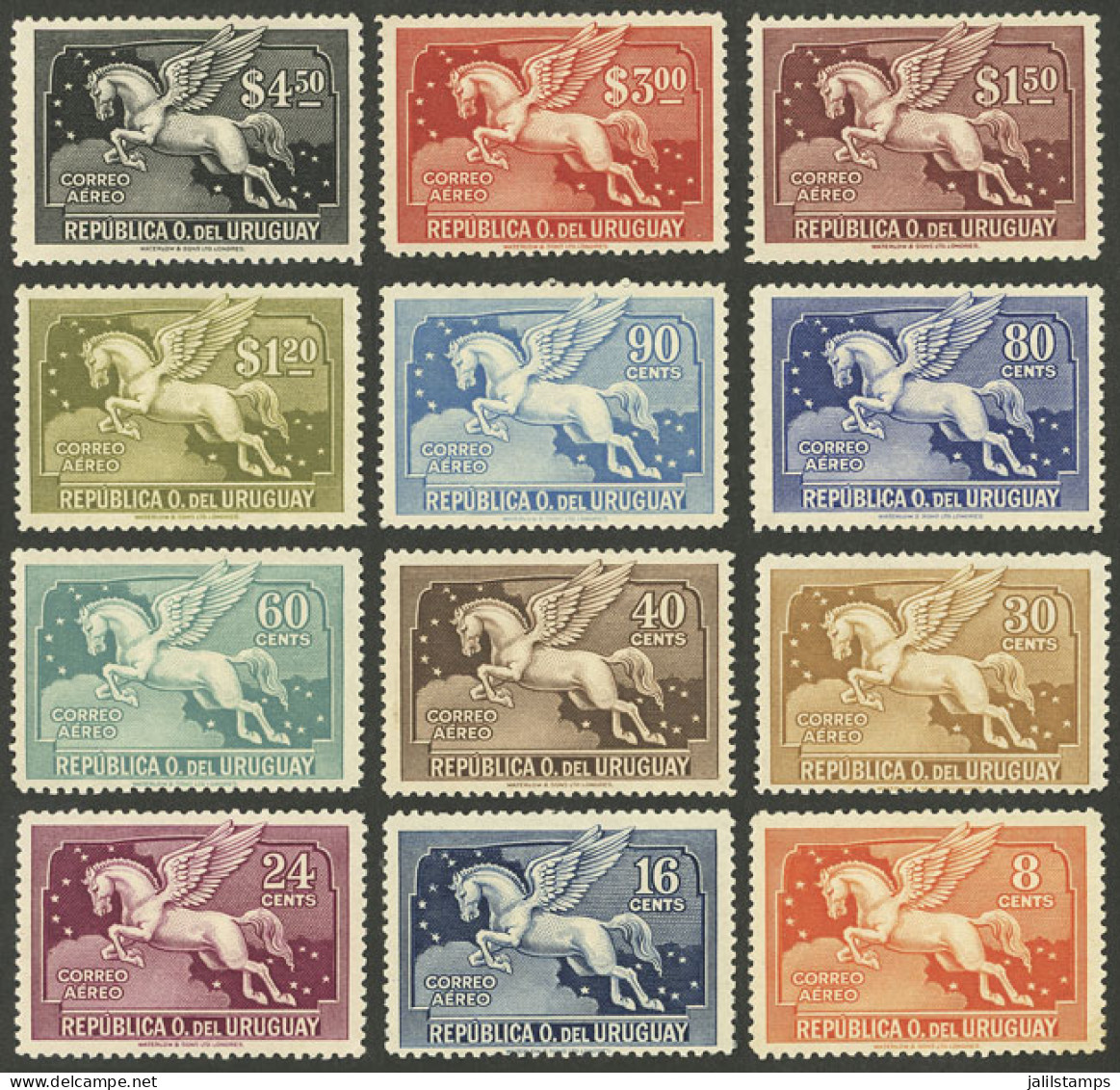 URUGUAY: Yvert 27/38, 1929 Pegasus, Complete Set Of 12 Mint Values (many Are MNH), Excellent Quality! - Uruguay