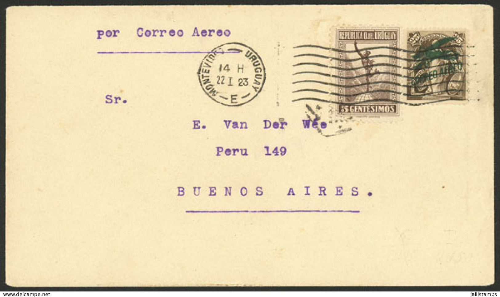 URUGUAY: 22/JA/1923 Montevideo - Buenos Aires, Kingsley Flight, Arrival Backstamp, VF - Uruguay