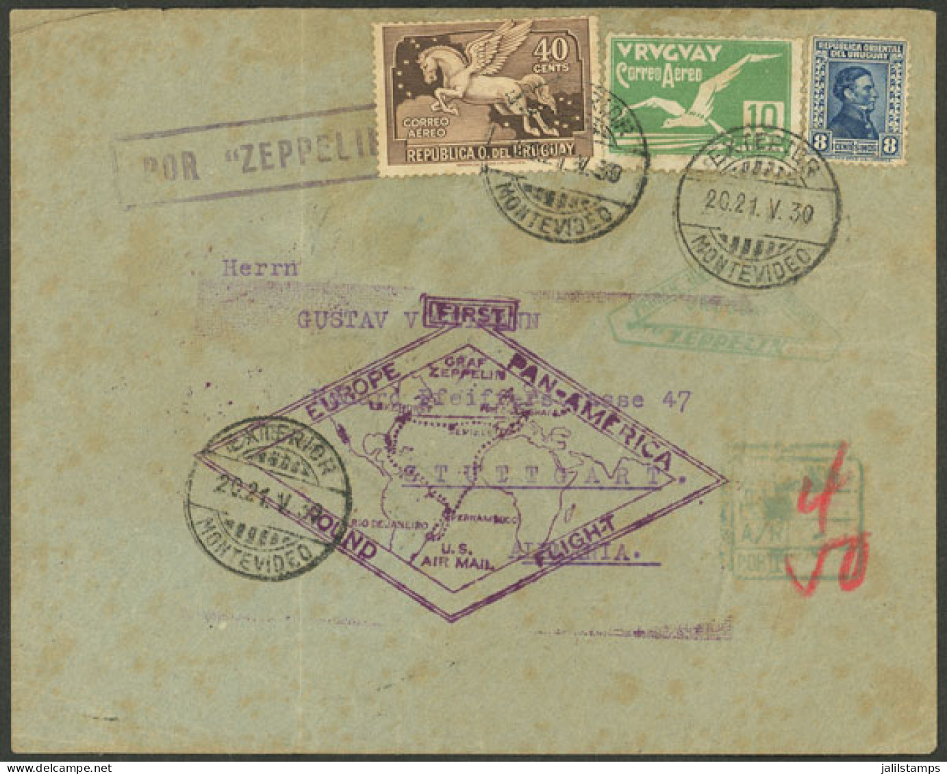 URUGUAY: 21/MAY/1930 Montevideo - Germany, Cover Flown By Zeppelin, On Back There Is An Arrival Mark Of Friedrichshafen  - Uruguay