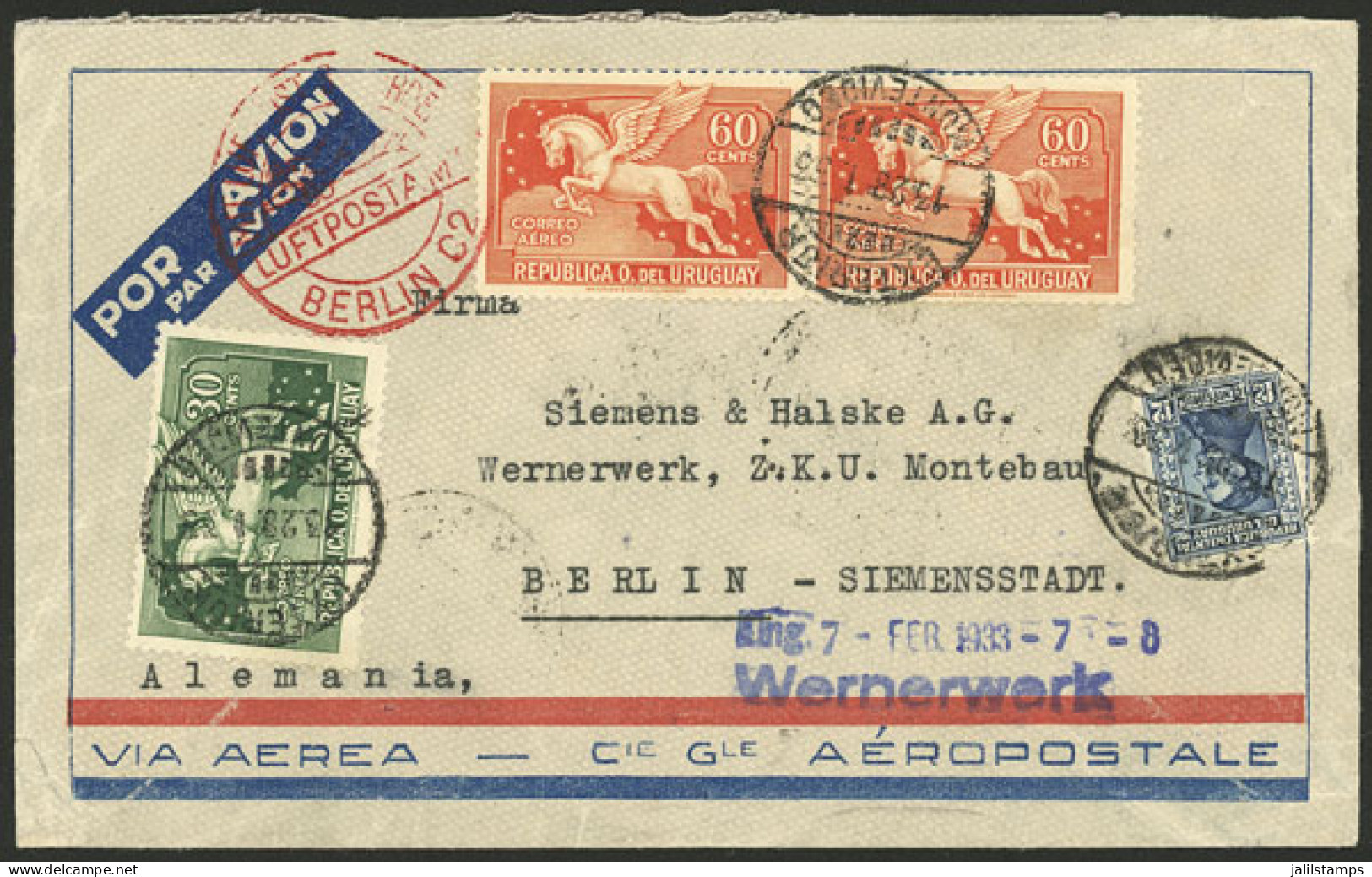 URUGUAY: 28/JA/1933 Montevideo - Germany Via France, Registered Airmail Cover Franked With 1.62P., On Back Transit Mark  - Uruguay