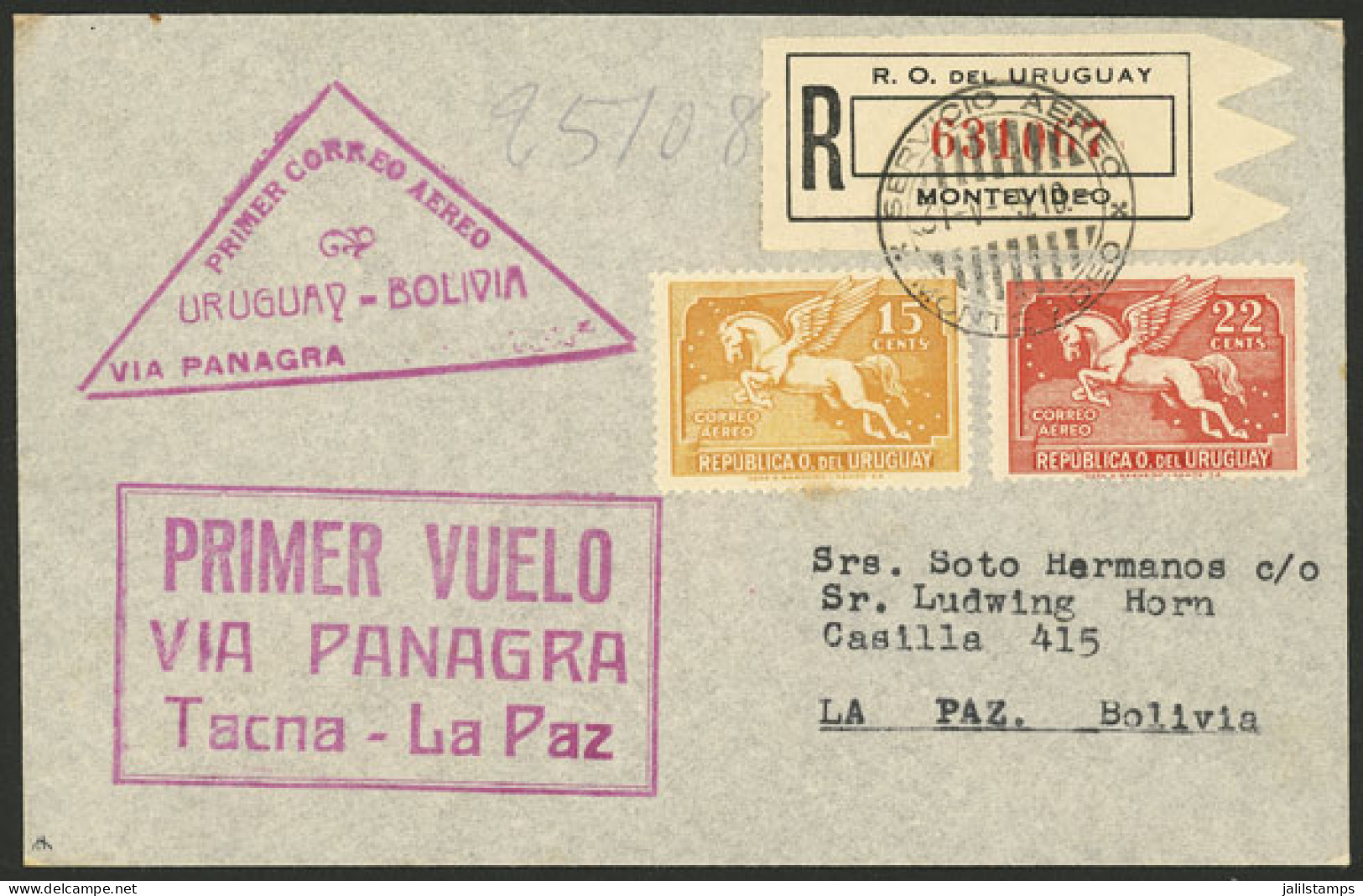 URUGUAY: 31/JUN/1935 Montevideo - La Paz (Bolivia), Airmail Cover Carried On PANAGRA First Flight, With Special Marks Of - Uruguay