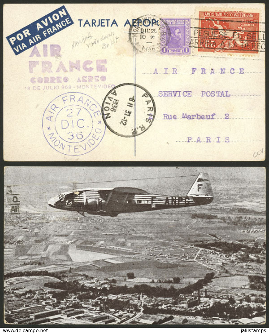 URUGUAY: Special Postcard Of Air France Sent From Montevideo To Paris On 26/DE/1936 Franked With 23c. (reduced Rate For  - Uruguay