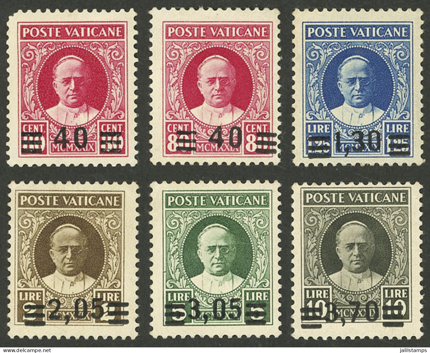 VATICAN: Sc.35/40 Without 38, 1934 Overprinted, 5 Values Of The Set Without The 2.55L (Sc.38), Mint With Small Hinge Tra - Autres & Non Classés