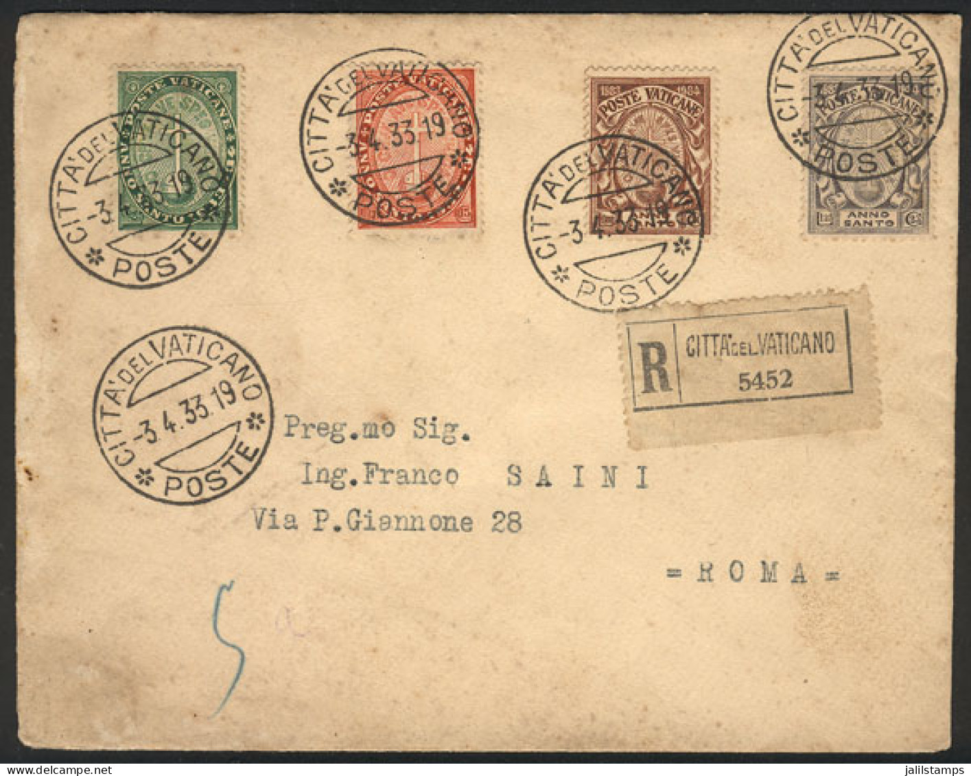 VATICAN: Registered Cover Franked By Sc.B1/B4 (Holy Year), Sent To Roma On 3/AP/1933 (first Day Of Issue), Fine Quality, - Sonstige & Ohne Zuordnung