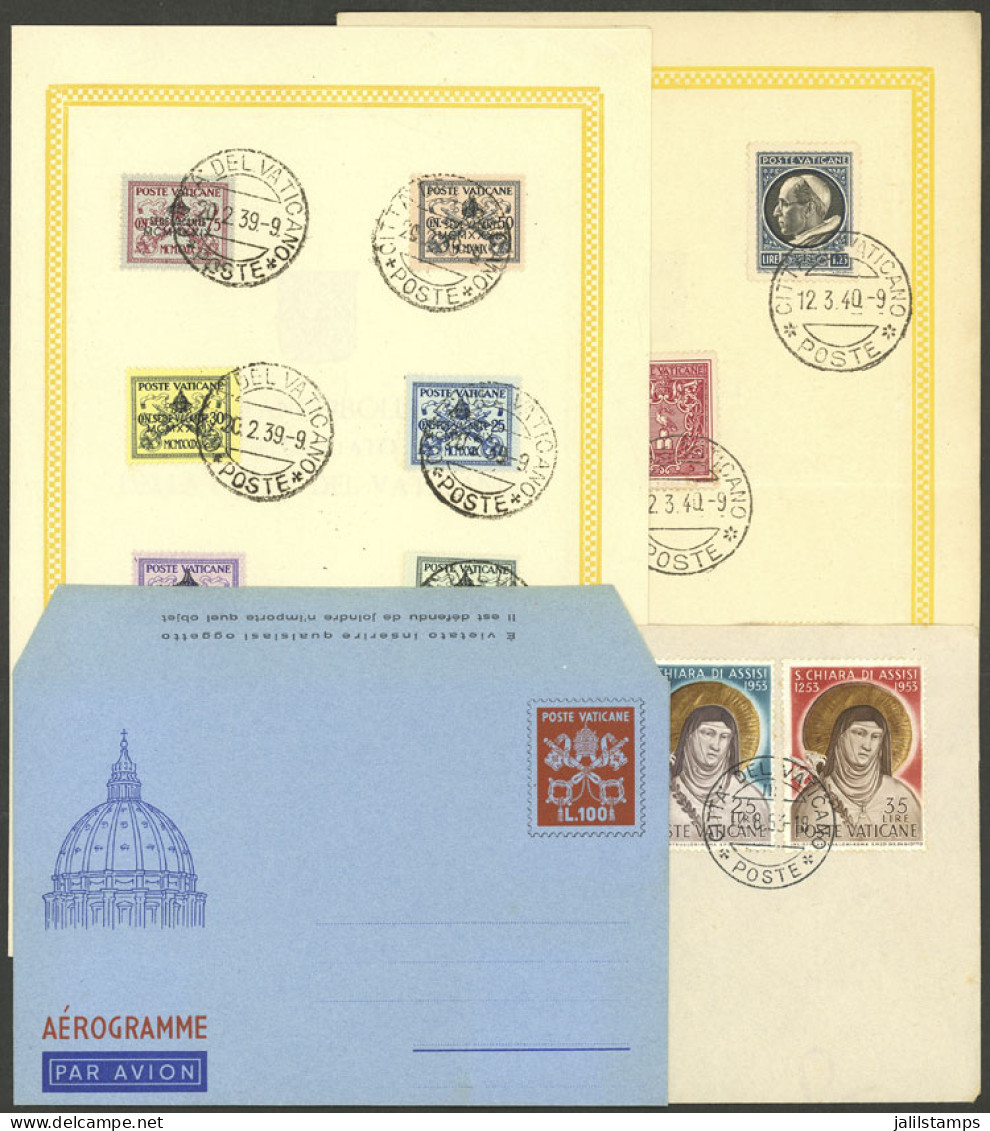 VATICAN: 2 Official Sheets Of 1939 And 1940 With Sets With First Day Postmarks + FDC Cover Of 1953 + Unused Aerogram, Al - Sonstige & Ohne Zuordnung