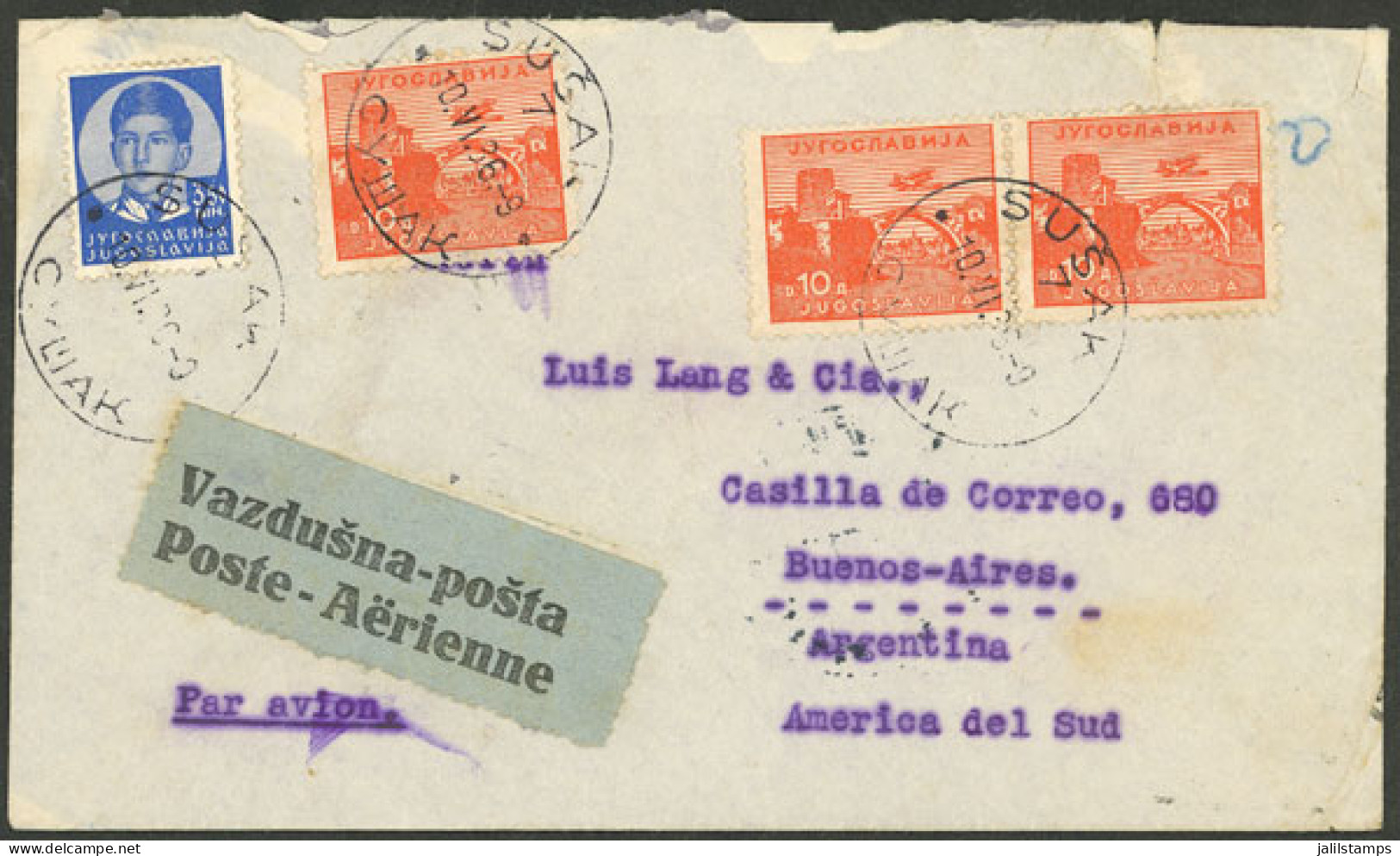 YUGOSLAVIA: 10/JUN/1936 Susak - Argentina, Airmail Cover Posted By Air France Franked With 33.50D., On Back Transit Mark - Altri & Non Classificati