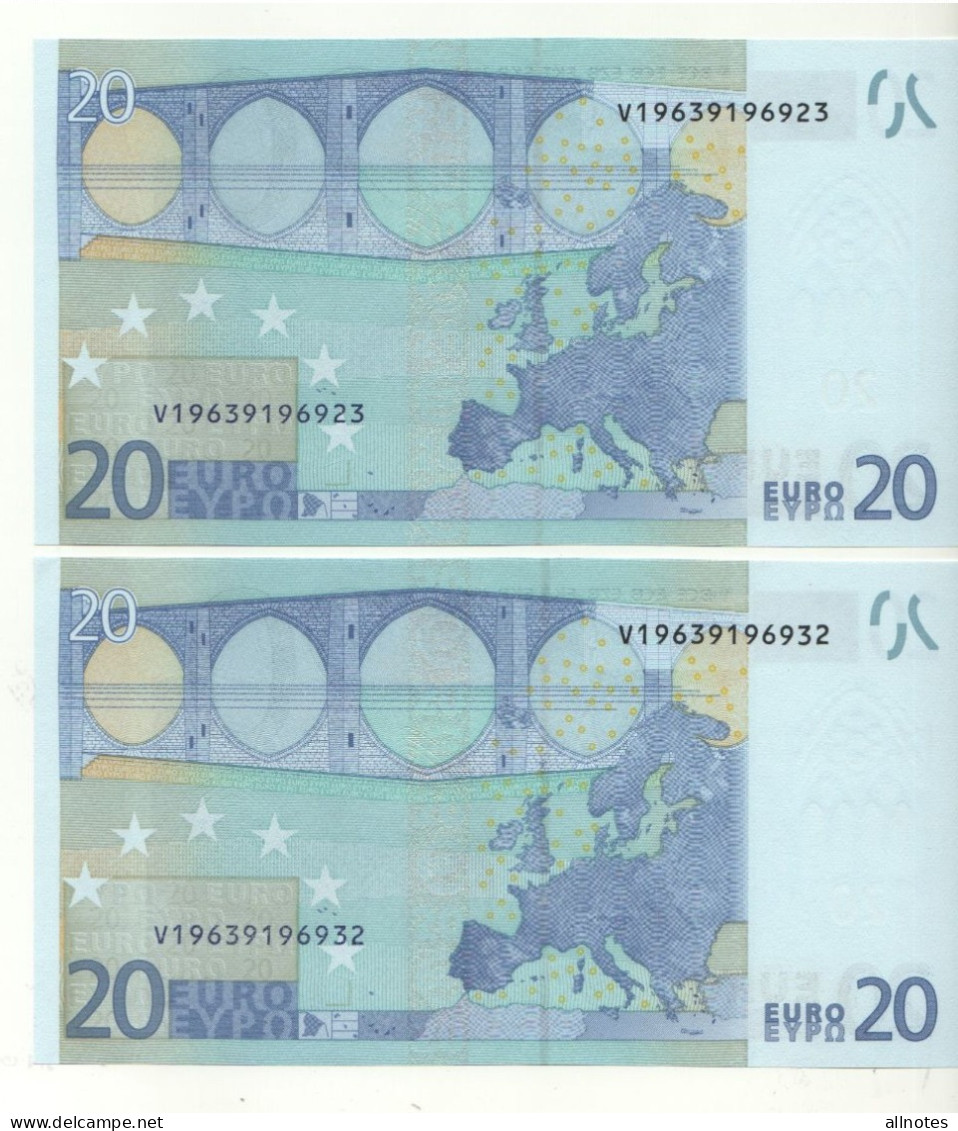 2 X 20 EURO  Consecutive   "V"   Spain   Firma  Trichet    M 017 D1   /  A - UNC - 20 Euro