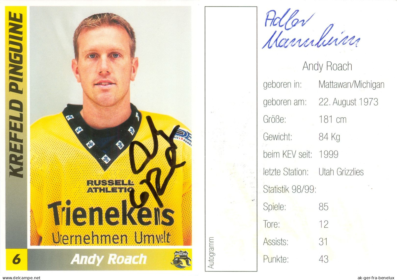 Autogramm Eishockey AK Andy Roach Krefeld Pinguine 99-00 Lausanne HC ZSC Lions Eisbären Berlin NHL DEG Düsseldorf Utah - Sport Invernali