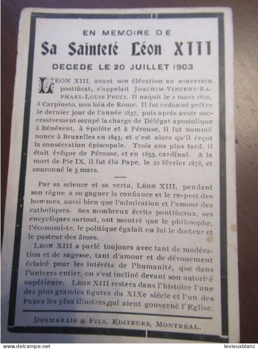 Image Religieuse/En Mémoire De Sa Sainteté LEON XIII Décédé Le 20 Juillet 1903/Desmarais & Fils/ Montréal/1903  IMP169 - Religion & Esotericism