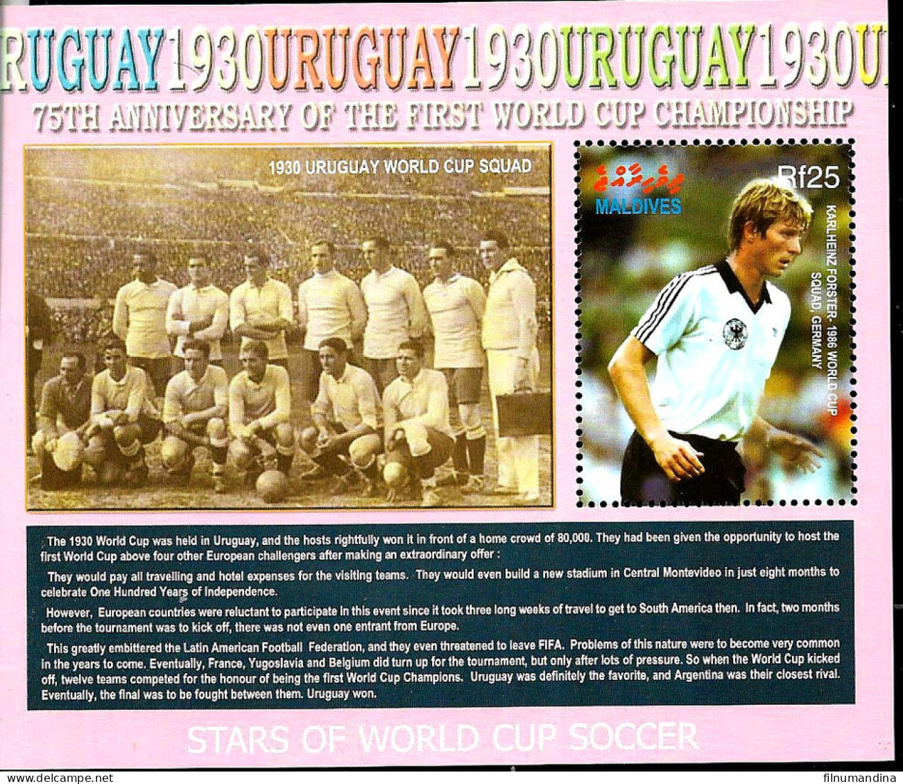 #9096 MALDIVES 2005 SPORT FOOTBALL SOCCER WORLD CUP 1930 URUGUAY S/S YV BL 567 - 1930 – Uruguay